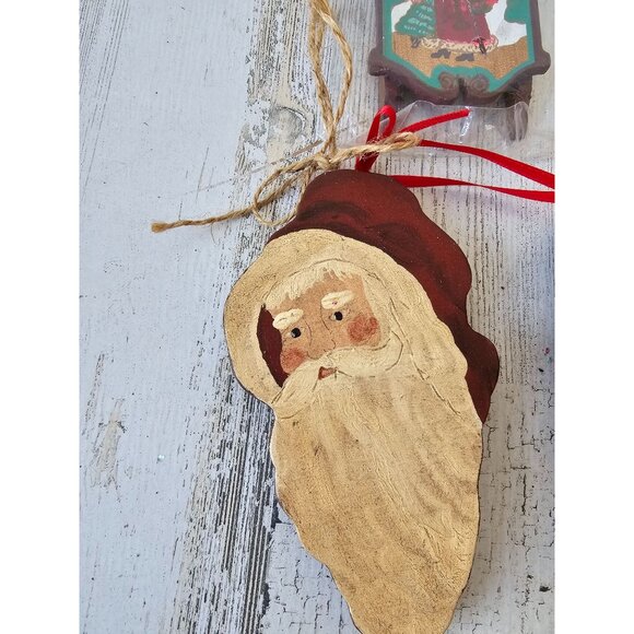Vintage wooden Santa ornament set sled clause rustic country folk art shabby chi - Picture 3 of 9